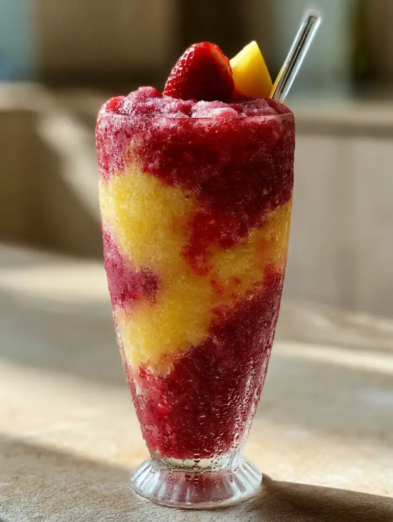 Two pineapple strawberry slushies on a stone counter with pineapple and strawberry garnishes.