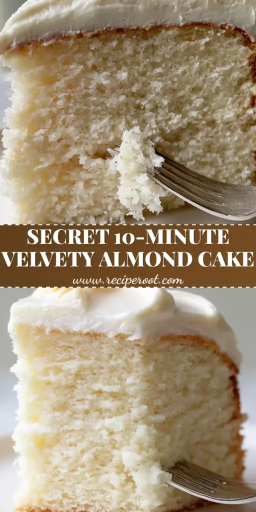 White Almond Cake with Velvety Sour Cream Sponge and Buttercream 4 A tall, elegant slice of White Almond Cake with smooth buttercream and toasted almond slivers on a white ceramic plate.