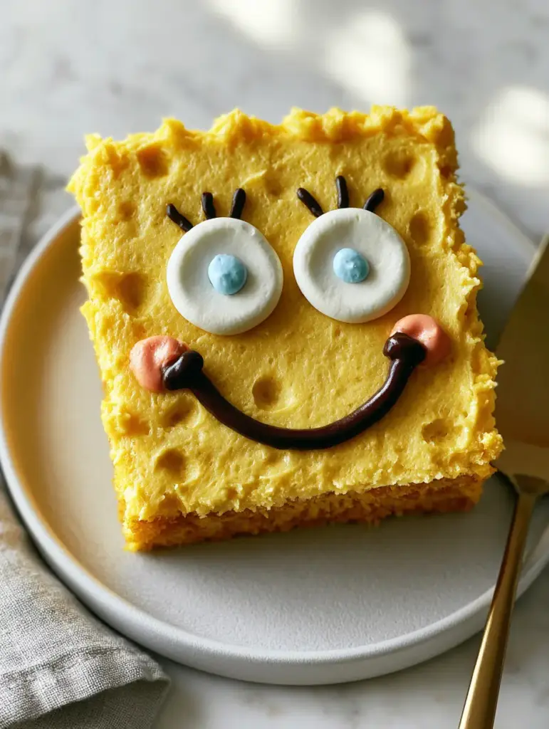 A finished square sponge bob patrick birthday cake sitting on a marble countertop with a gold cake server.