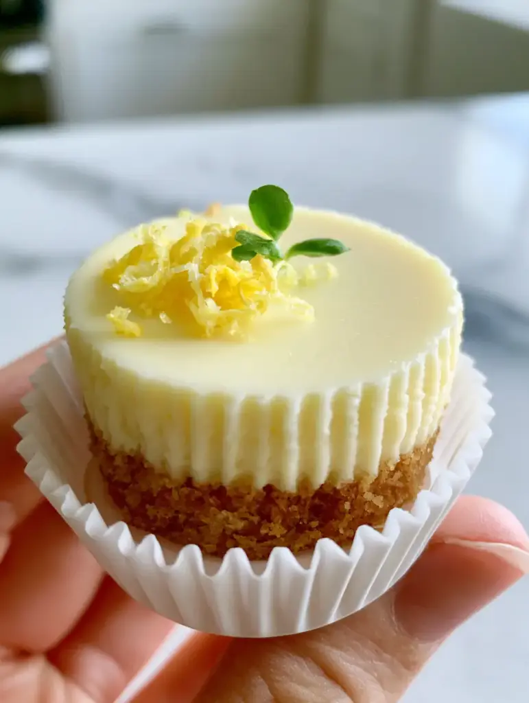 Detailed view of the bright yellow lemon zest curls and vibrant green micro-mint leaf on a Mini Lemon Cheesecake.