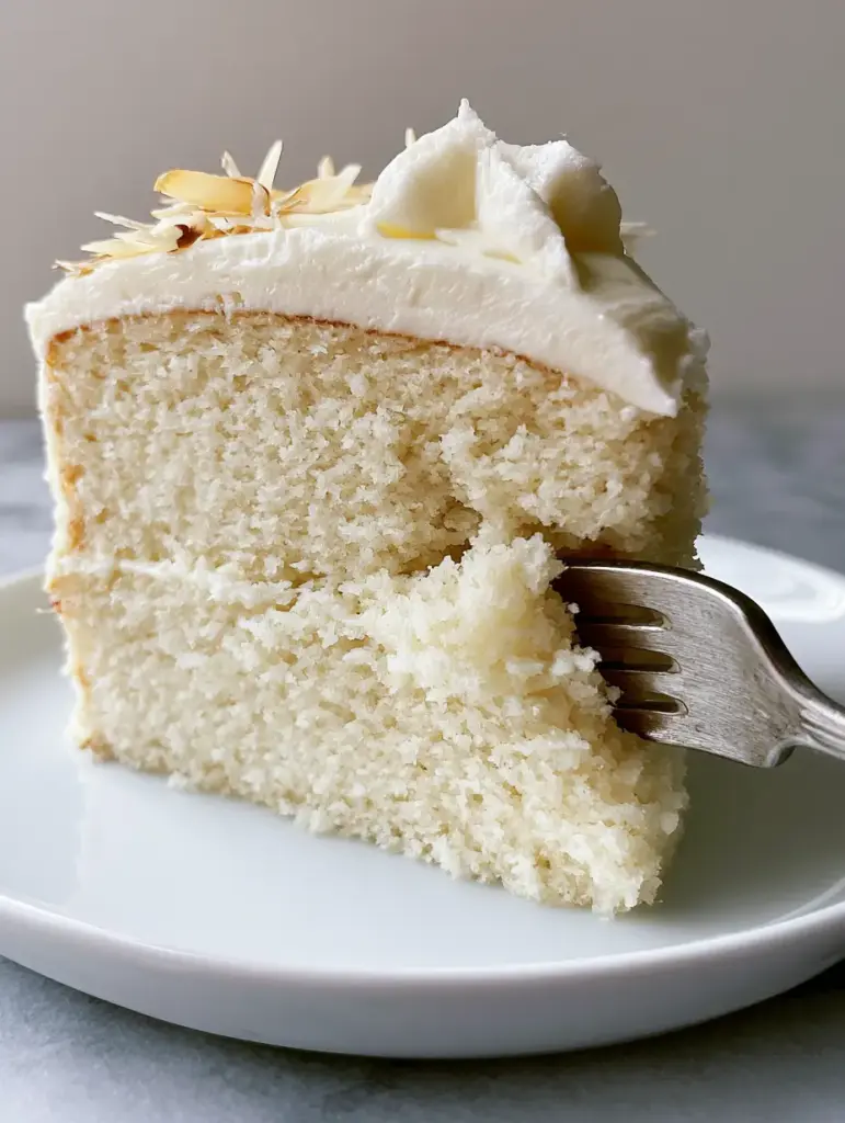White Almond Cake with Velvety Sour Cream Sponge and Buttercream 1 A slice of White Almond Cake on a light grey marble background with soft natural lighting.