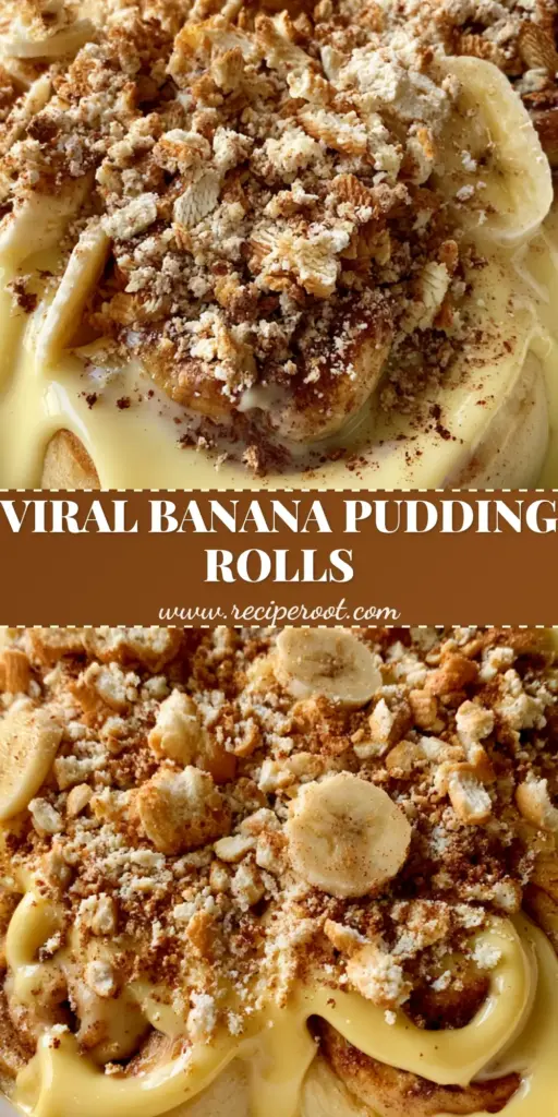 A close-up of banana pudding cinnamon rolls in a white baking dish topped with thick vanilla glaze, banana slices, and crushed Nilla wafers.