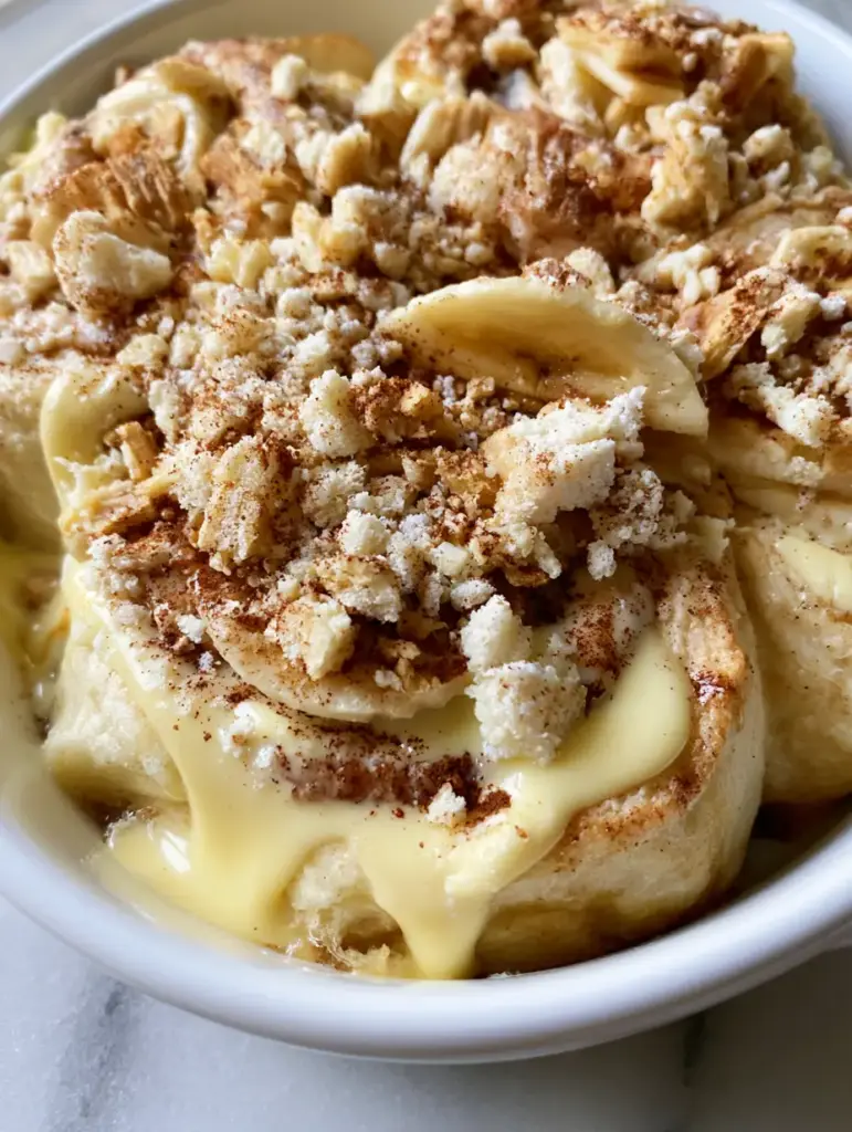 Top-down view of fluffy golden-brown banana pudding cinnamon rolls with thick dripping glaze and Nilla wafer crumbs.