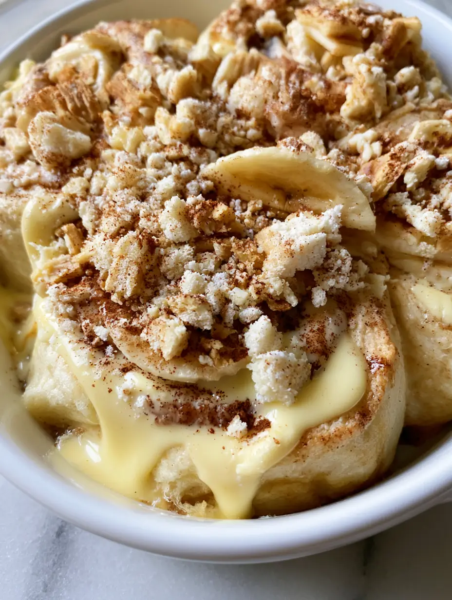 Top-down view of fluffy golden-brown banana pudding cinnamon rolls with thick dripping glaze and Nilla wafer crumbs.