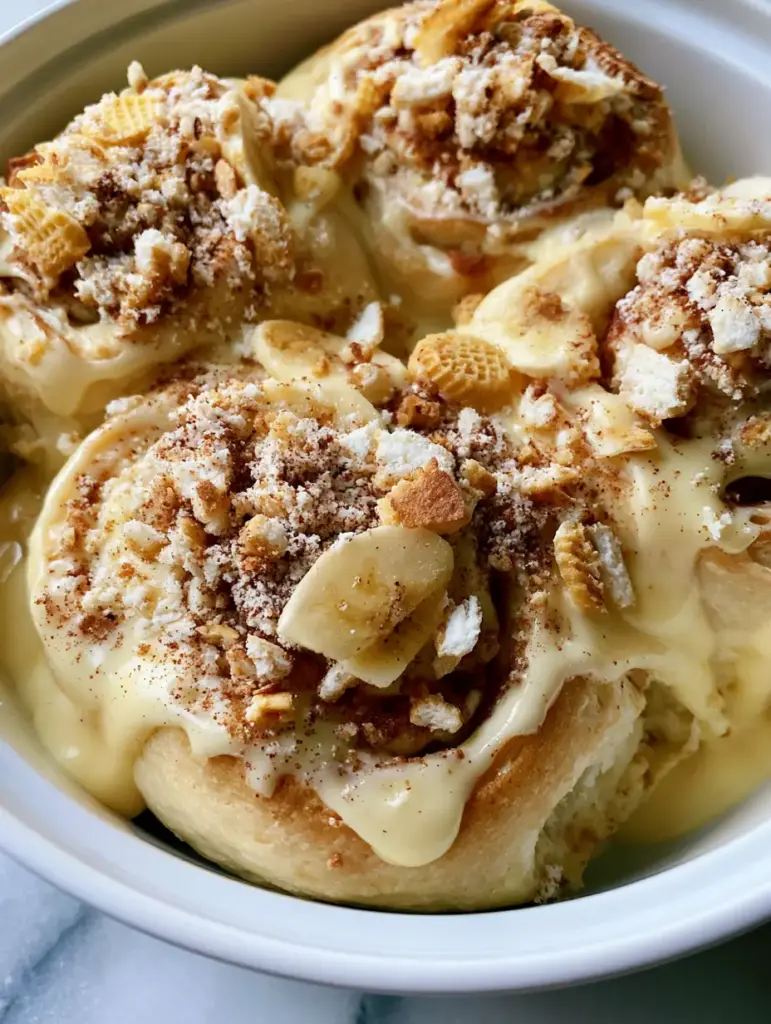 Close-up of vanilla pudding glaze pooling in the swirls of a banana cinnamon roll.