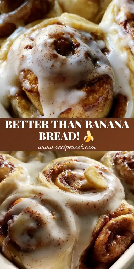 Banana Cinnamon Rolls with Thick Cream Cheese Frosting (No-Yeast) 4 A tall Pinterest pin showing a top-down view of six oversized banana cinnamon rolls in a rustic white dish, covered in thick white glaze and fresh banana slices.