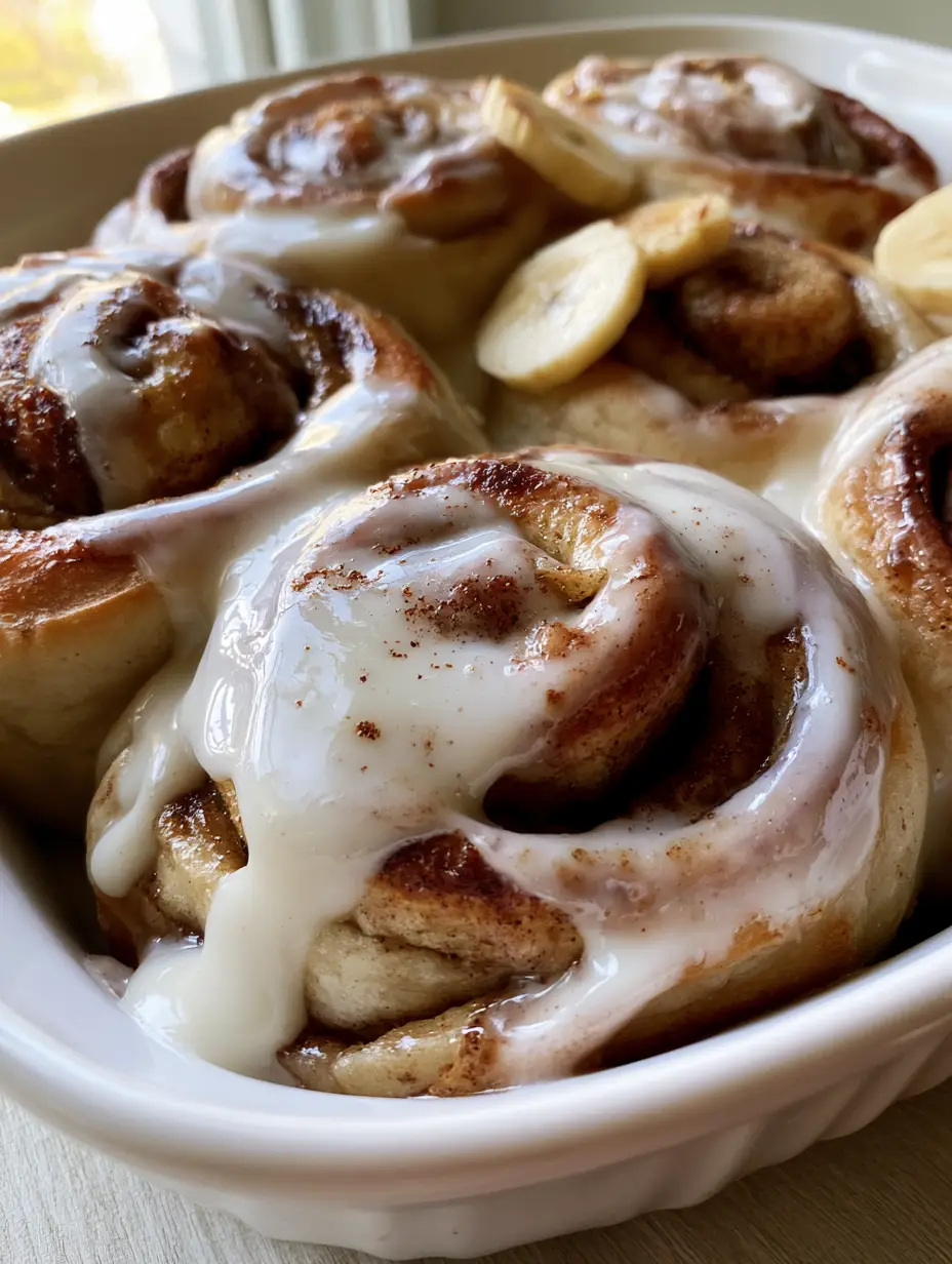 Macro close-up of banana cinnamon rolls showing deep brown cinnamon swirls and pillowy dough layers.