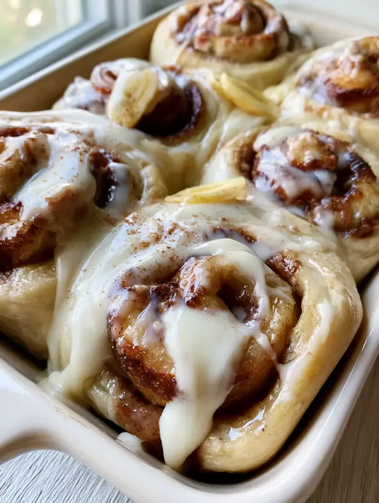 Banana Cinnamon Rolls with Thick Cream Cheese Frosting (No-Yeast) 1 A close-up of glossy white cream cheese glaze dripping into the crevices of a warm banana cinnamon roll.