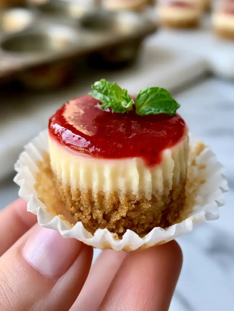Mini Cheesecakes with Glossy Strawberry Coulis and Graham Cracker Crust 2 A handheld photo of a single Mini Cheesecake being held between two fingers, revealing the thick golden-brown graham cracker crust and smooth ivory center.