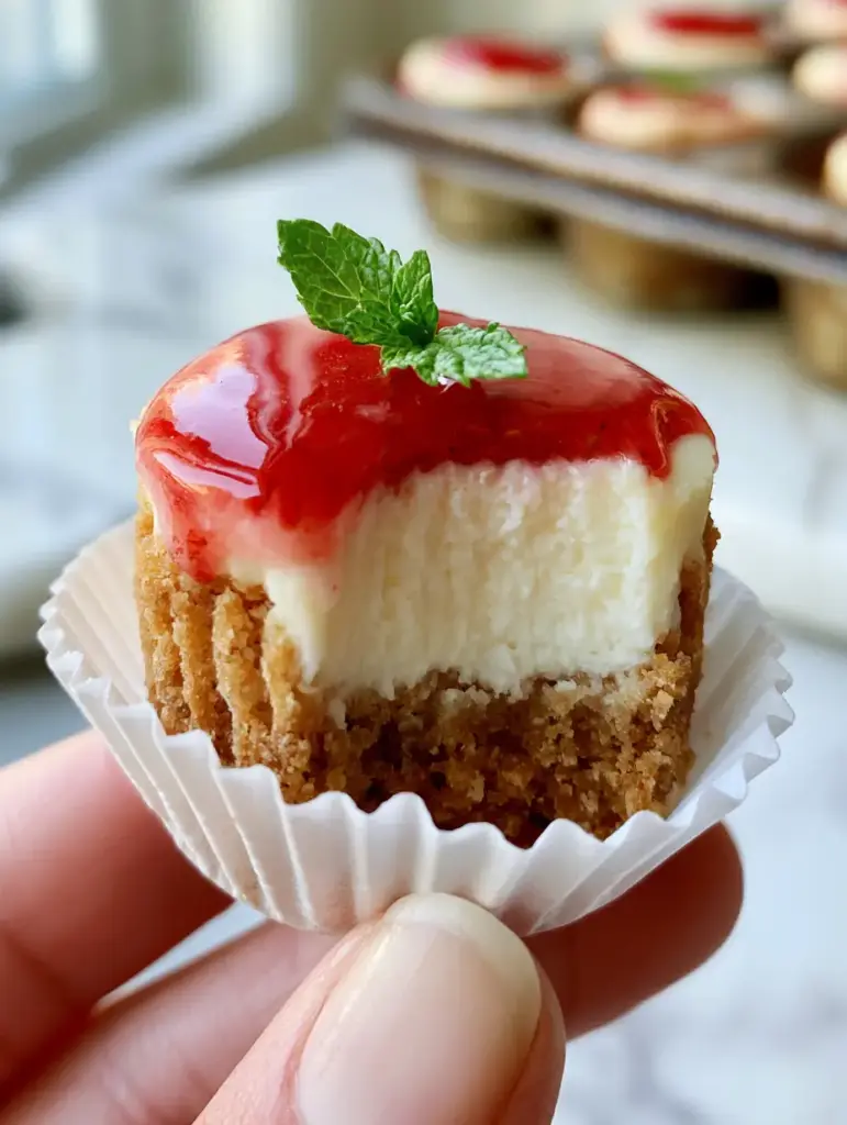 Mini Cheesecakes with Glossy Strawberry Coulis and Graham Cracker Crust 1 A tray of Mini Cheesecakes in a rustic metal muffin tin with a bright glossy strawberry glaze dripping down the sides.