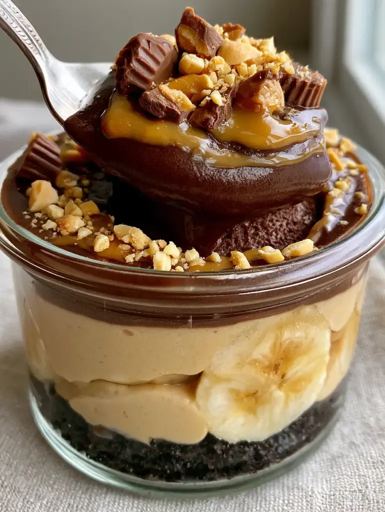 Chocolate Peanut Butter Banana Pudding: The Ultimate Layered Dessert 2 Extreme close-up of a silver spoon scooping into layers of chocolate pudding and peanut butter mousse. (Chocolate Peanut Butter Banana Pudding)