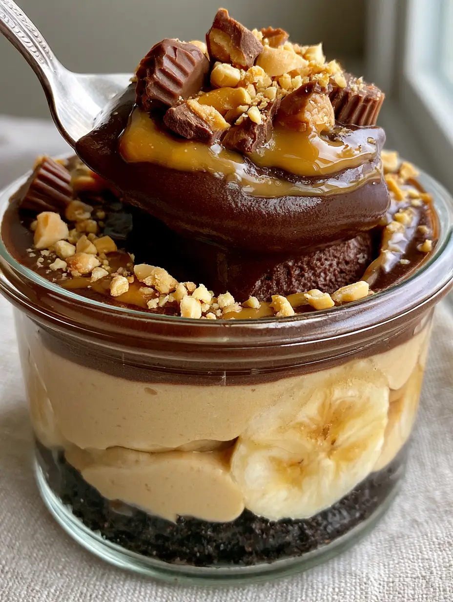 Chocolate Peanut Butter Banana Pudding: The Ultimate Layered Dessert 4 Extreme close-up of a silver spoon scooping into layers of chocolate pudding and peanut butter mousse. (Chocolate Peanut Butter Banana Pudding)