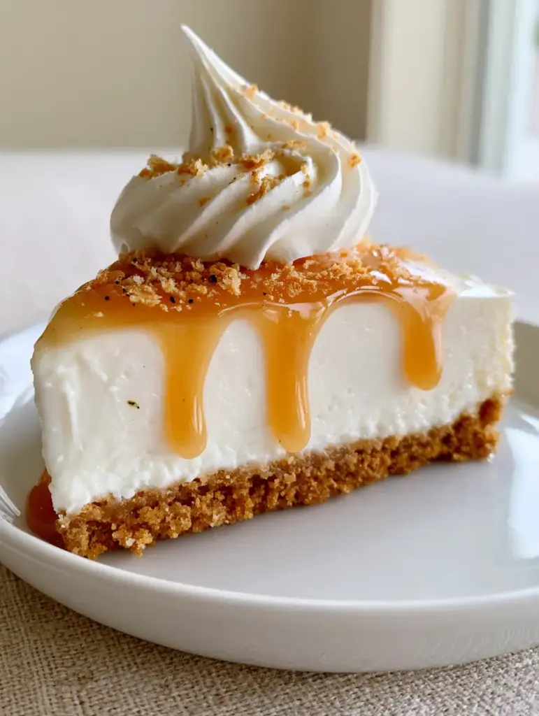 A handheld shot of a cheesecake slice with a glossy caramel drip falling down a golden graham cracker crust. (cheesecakes)
