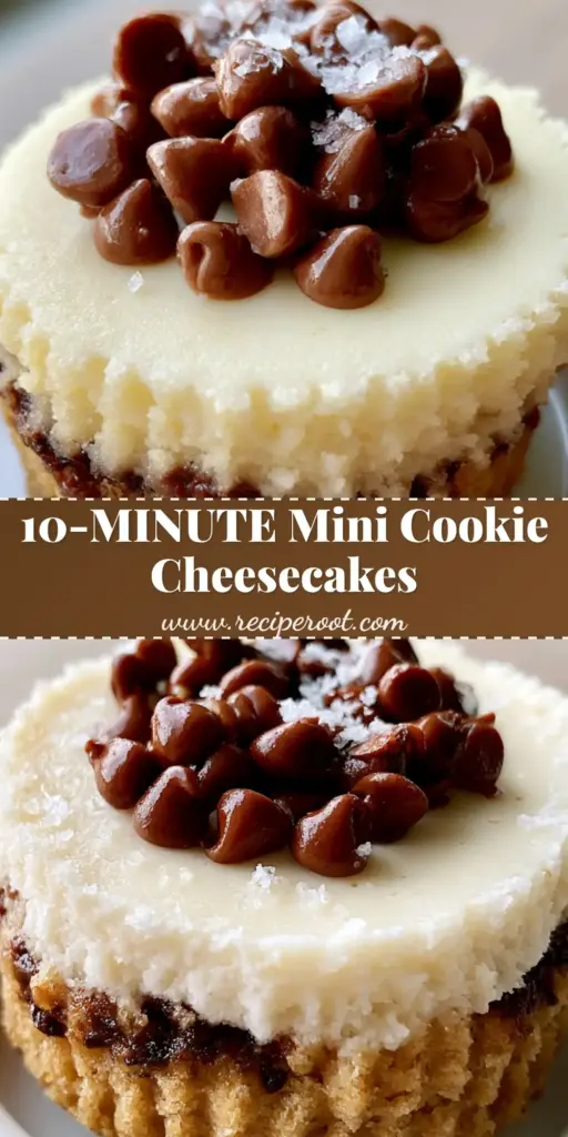A handheld close-up of a chocolate chip cookie mini cheesecake with a thick golden crust and velvety ivory-white filling topped with mini chips and sea salt.