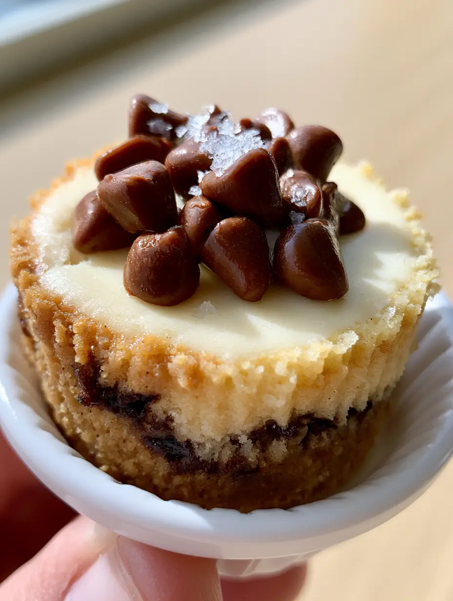 A close-up of a single chocolate chip cookie mini cheesecake held in a hand, showing the ivory-white filling and chewy crust.
