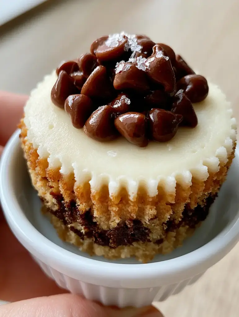 Top view of a chocolate chip cookie mini cheesecake in a white liner sitting on a light wood surface.