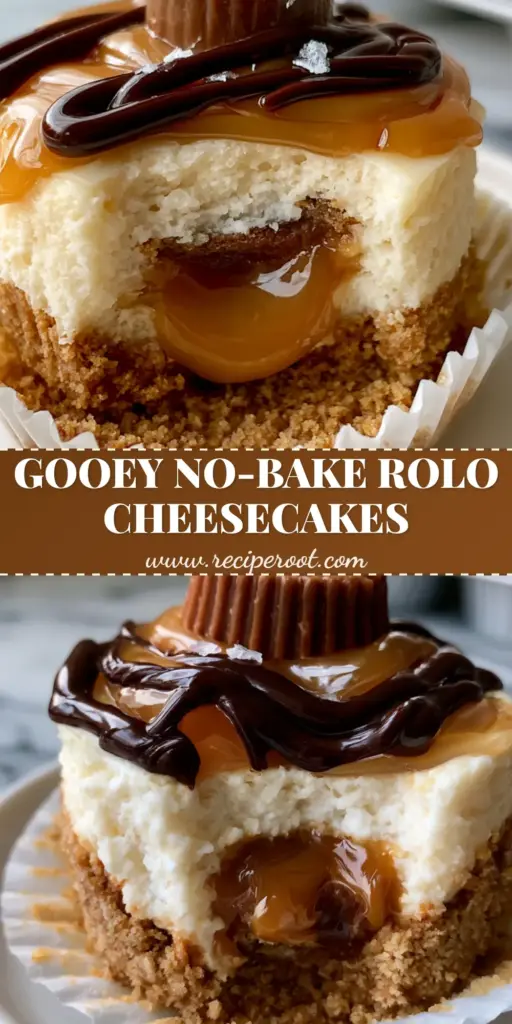 Mini Rolo Cheesecake: The Ultimate Liquid Caramel and Chocolate Indulgence 4 A close-up vertical shot of a Mini Rolo Cheesecake with a bite taken out, showing the liquid caramel core and dark chocolate drizzle.