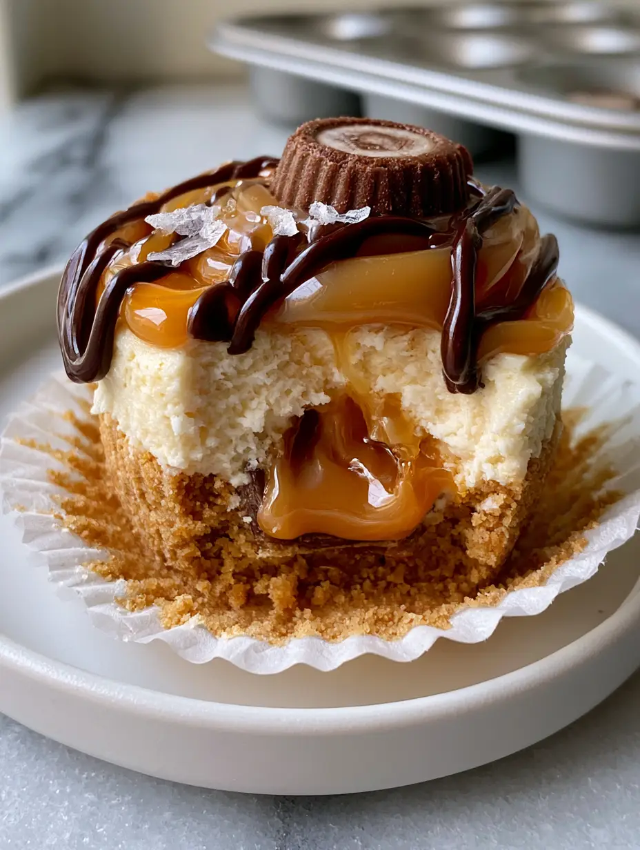Mini Rolo Cheesecake: The Ultimate Liquid Caramel and Chocolate Indulgence 3 Extreme macro close-up of a Mini Rolo Cheesecake being lifted out of a white paper liner, revealing an oozing liquid amber caramel center from a buried Rolo candy.