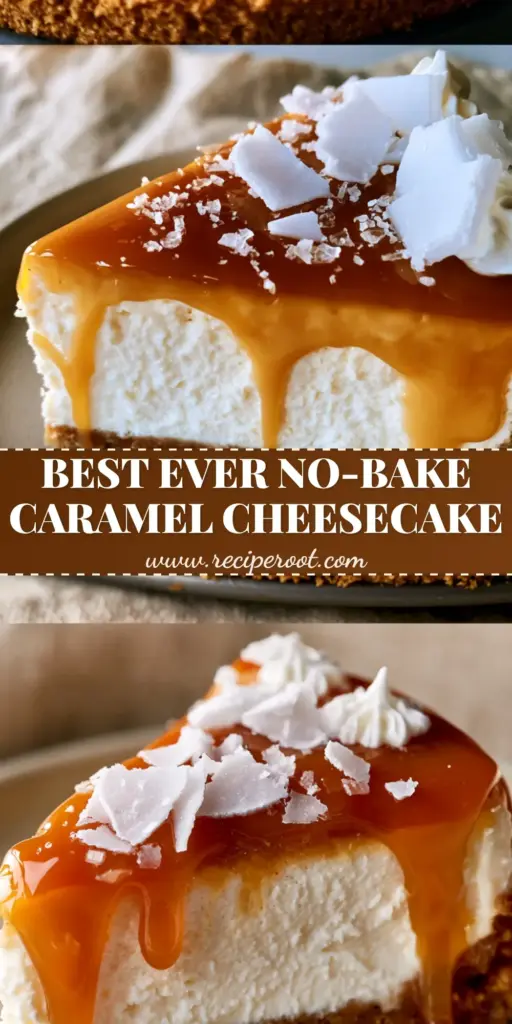 A close-up of a salted caramel cheesecake slice with a thick graham cracker crust, velvety white center, and dripping amber caramel glaze topped with sea salt flakes.