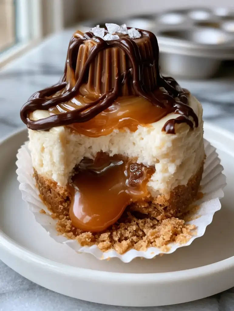 Mini Rolo Cheesecake: The Ultimate Liquid Caramel and Chocolate Indulgence 1 Top view of a Mini Rolo Cheesecake showing the zig-zag dark chocolate ganache, translucent caramel swirl, and Maldon flaky sea salt garnish.