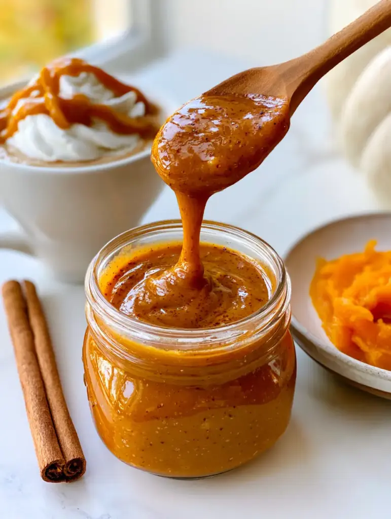 Pumpkin Pie Sauce: The Glossy, Velvety Topping Your Desserts Crave 1 A white latte mug with a swirl of whipped cream topped with a ribbon of pumpkin pie sauce.