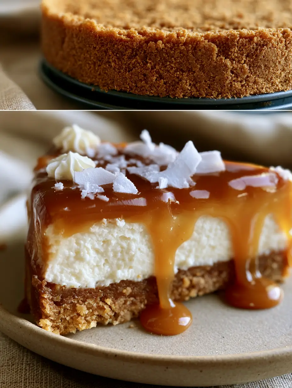 Top view of a golden-brown graham cracker crust being pressed into a springform pan for a salted caramel cheesecake.