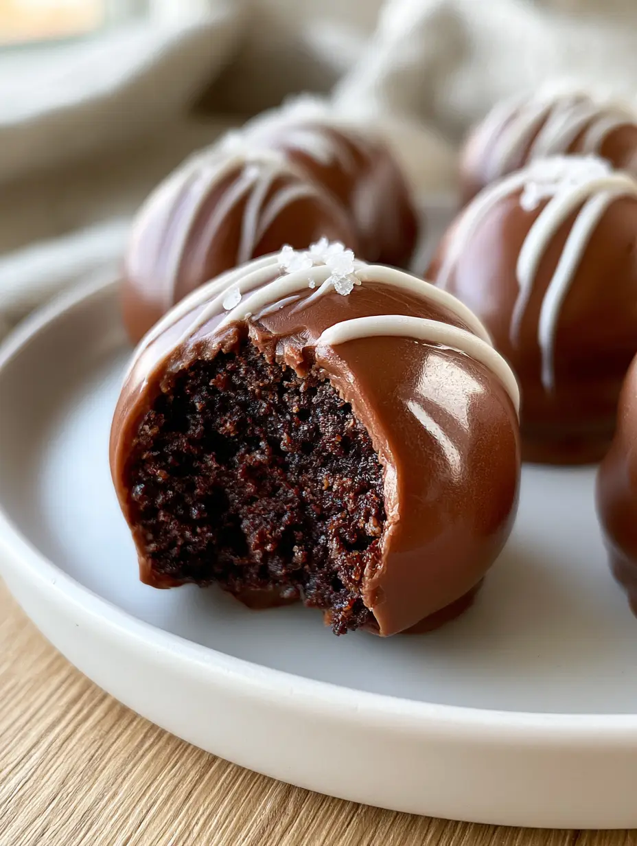 Cake Balls Recipe: The Secret to Fudgy, Ultra-Glossy Gourmet Truffles 4 Macro photo of a chocolate cake ball on a white plate with white chocolate drizzle and sea salt. (cake balls recipe)
