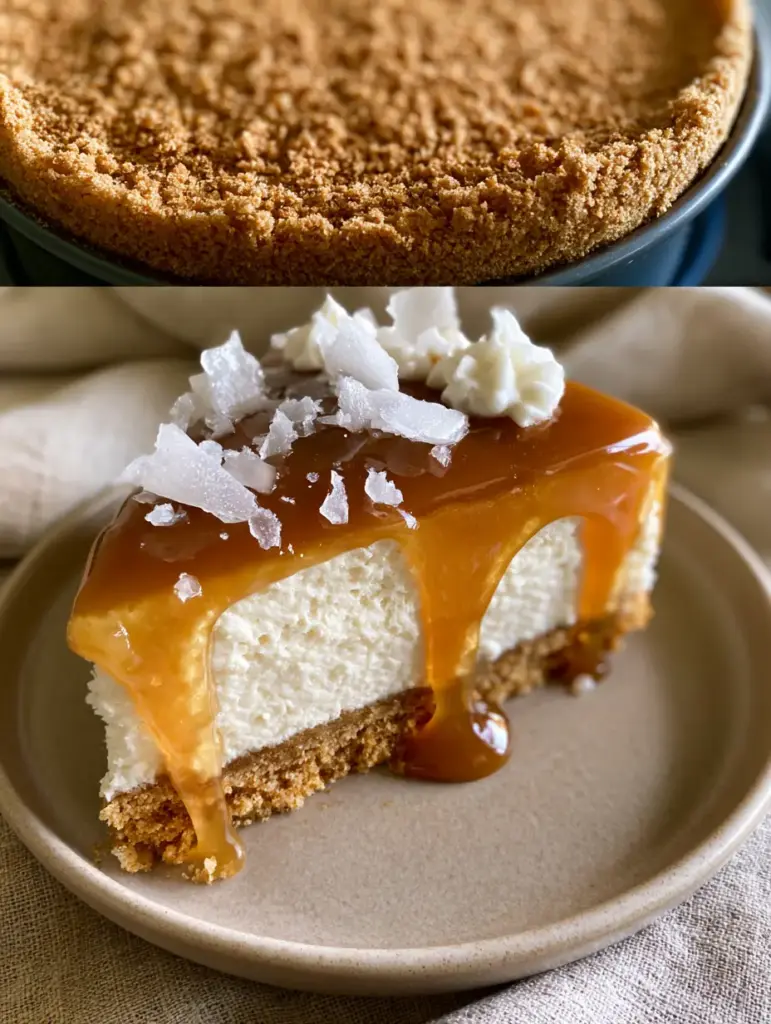 Macro shot of a salted caramel cheesecake slice showing three distinct layers: crust, cream cheese filling, and viscous amber caramel glaze.