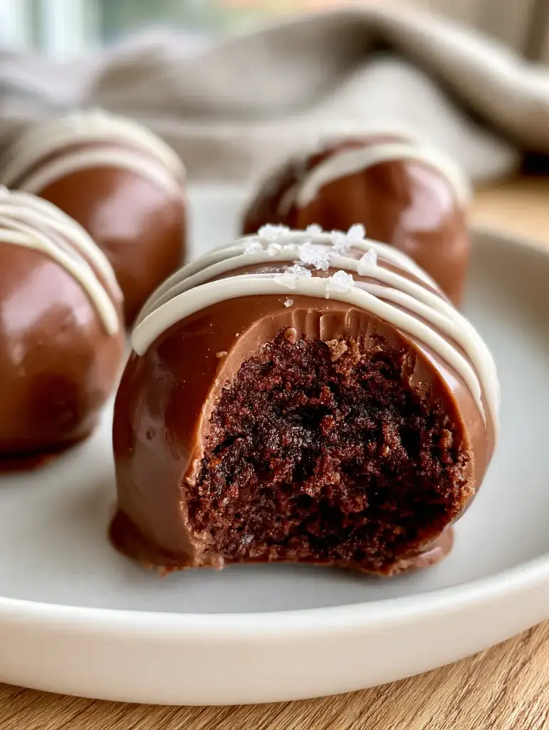 Cake Balls Recipe: The Secret to Fudgy, Ultra-Glossy Gourmet Truffles 1 Close up of a bitten chocolate cake ball revealing a dense moist center. (cake balls recipe)