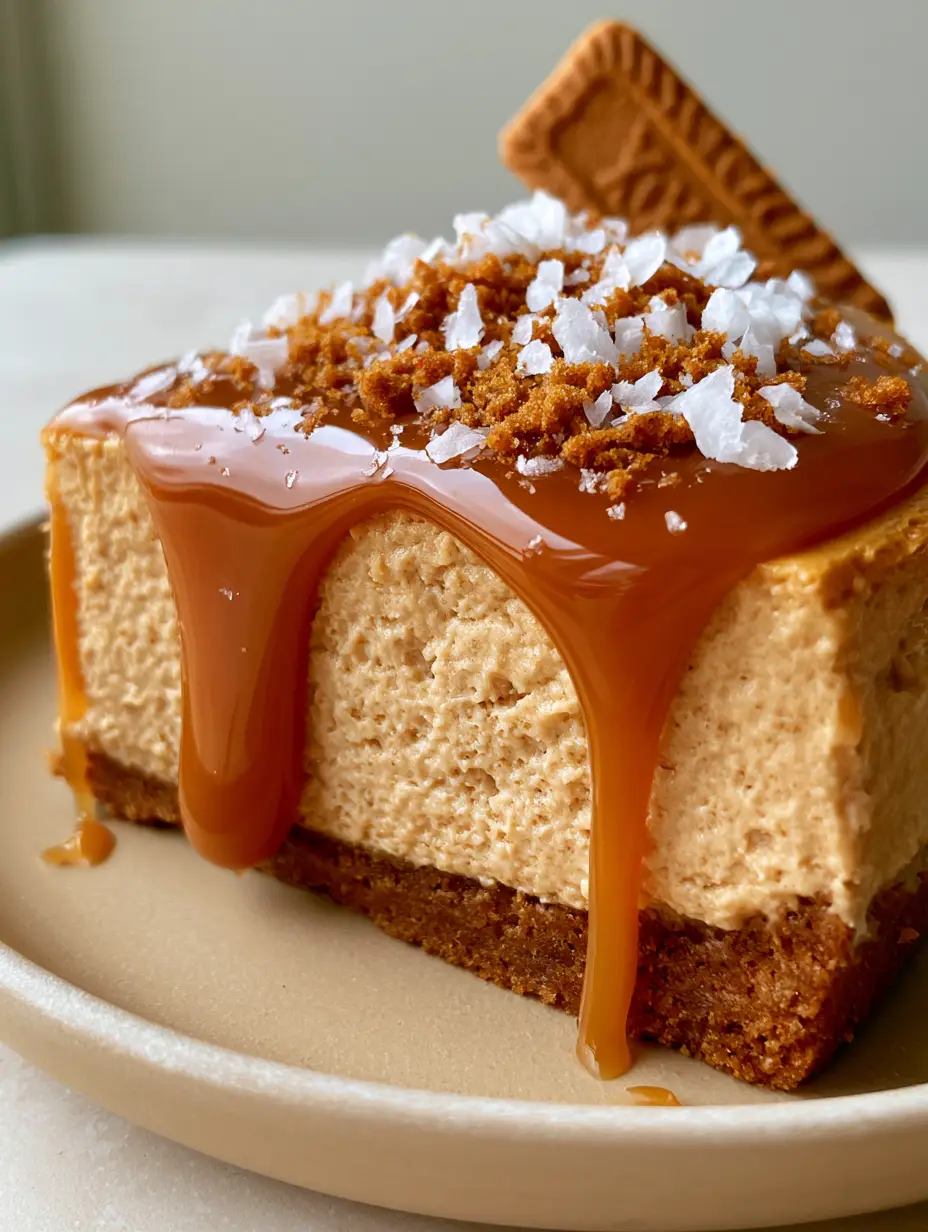 Biscoff Salted Caramel Cheesecake with Glossy Amber Drip 3 Extreme macro close-up of Biscoff salted caramel cheesecake showing the aerated pale tan filling and glossy amber caramel ribbons.