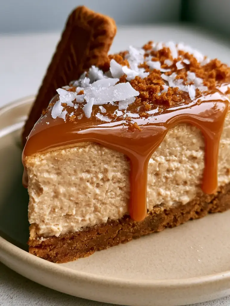 Biscoff Salted Caramel Cheesecake with Glossy Amber Drip 1 A thick slice of Biscoff cheesecake on a beige plate with Maldon sea salt flakes and crushed cookie crumbs.