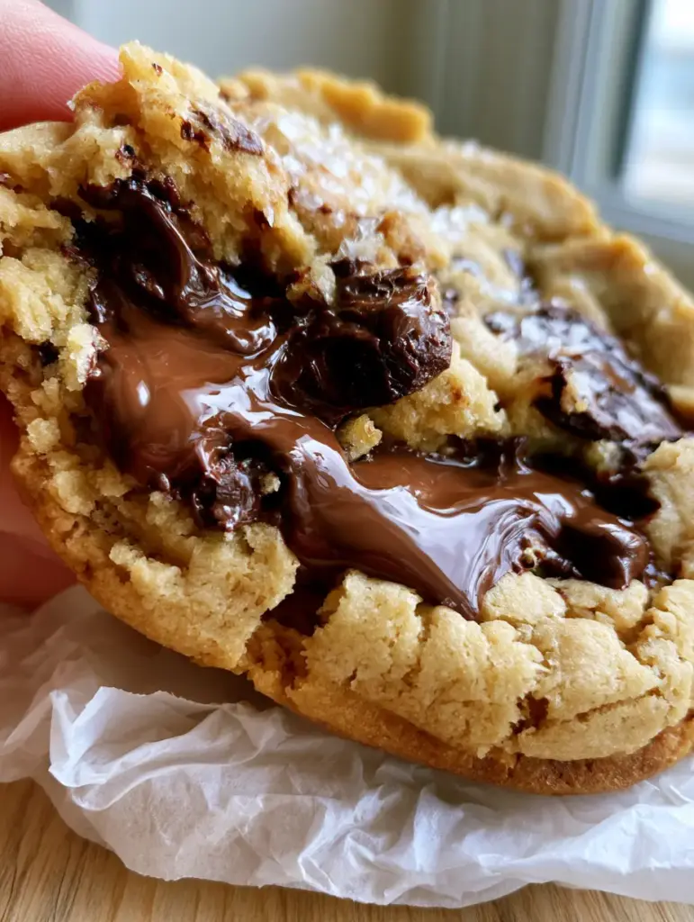 Crumbl Copycat Cookie Recipe: Thick, Molten, and Perfectly Underbaked 2 Macro close-up of a thick golden cookie dough with glistening pools of milk chocolate and jagged edges. (crumbl copycat cookie recipe)