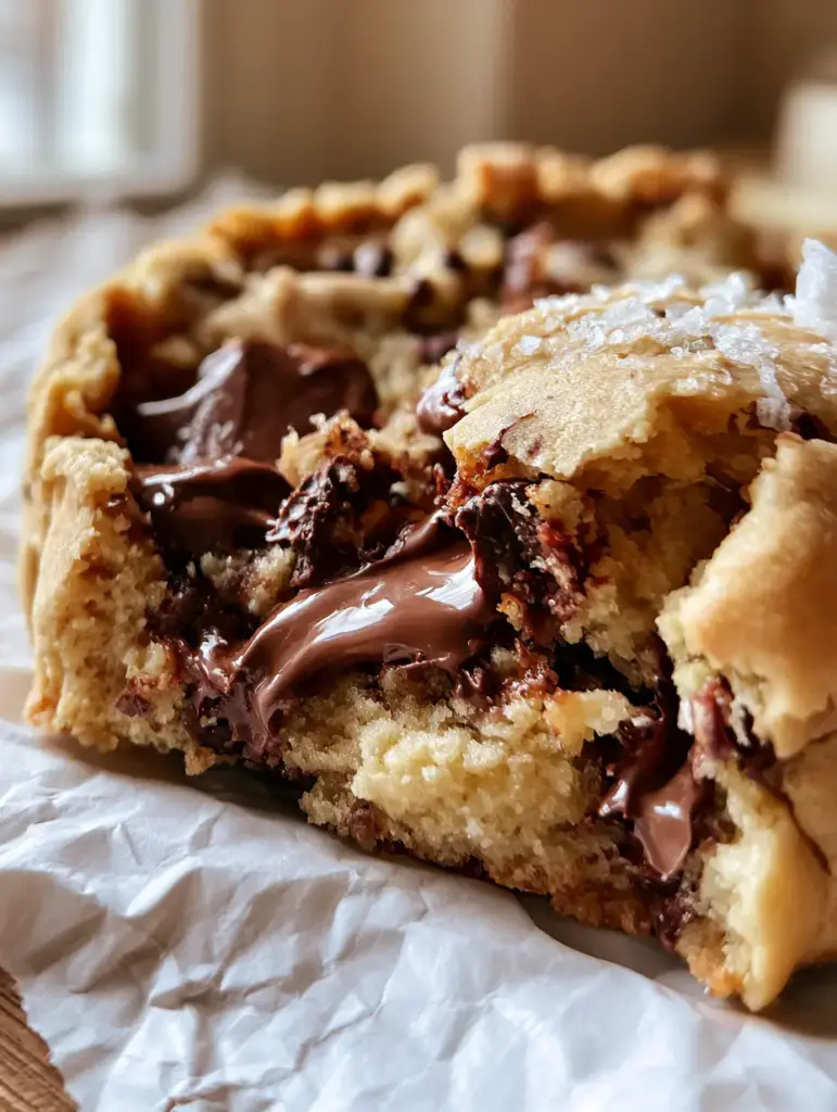 Crumbl Copycat Cookie Recipe: Thick, Molten, and Perfectly Underbaked 1 Close-up of molten chocolate chunks oozing from a warm cookie center with flaky sea salt visible.