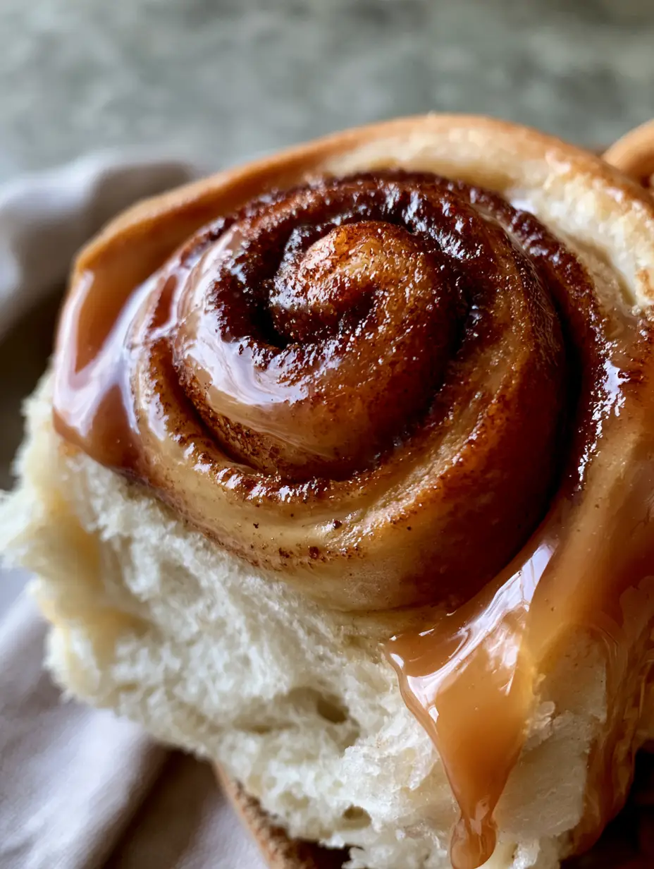 Macro shot of a single oversized caramel cinnamon roll being lifted with visible soft air pockets and dark swirls.