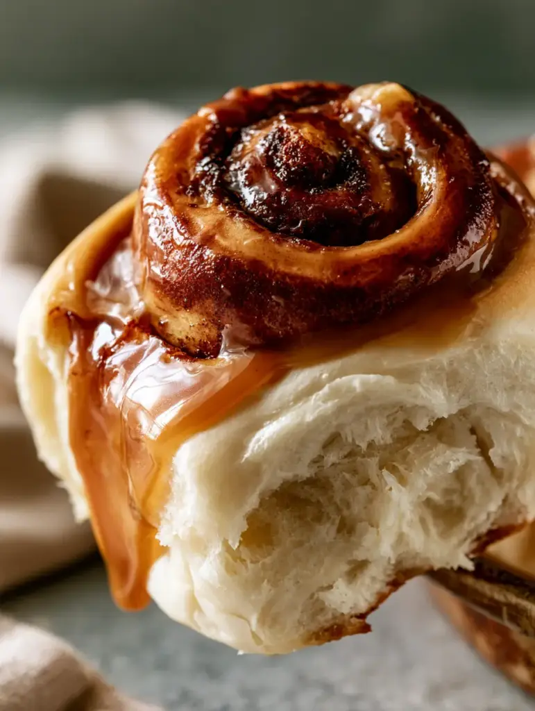 A pan of golden brown caramel cinnamon rolls with a glossy glass-like glaze reflecting natural morning light.