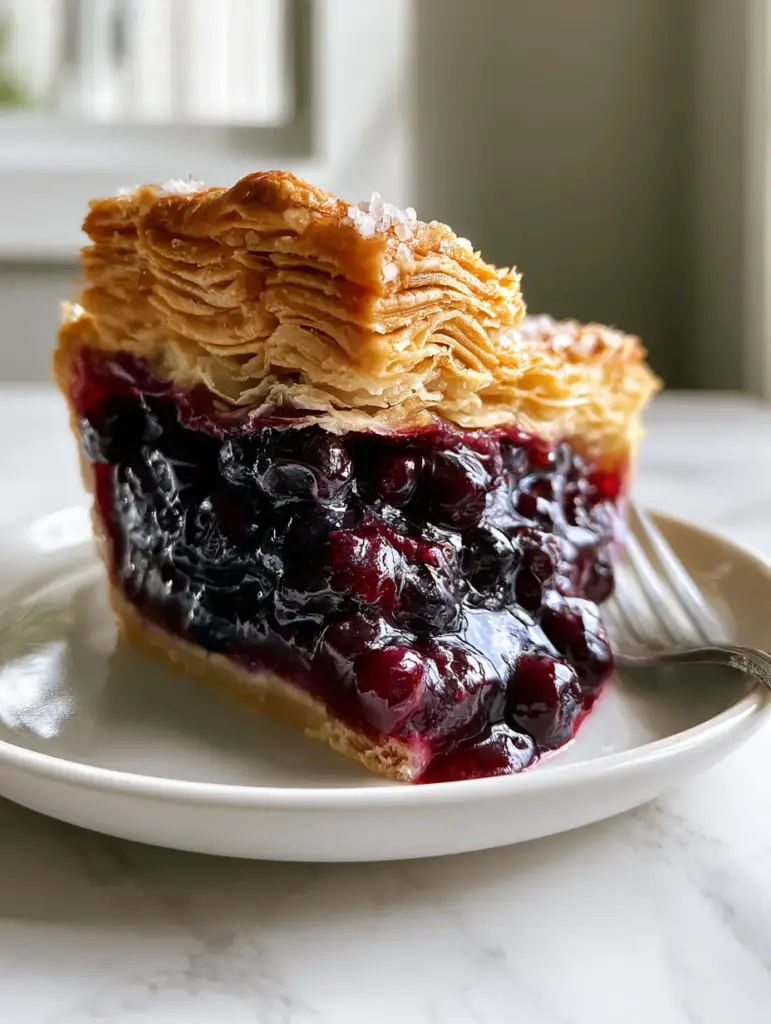 Blueberry Pie with a Flaky Butter Lattice and Thick Indigo Glaze 2 Macro photo of a single slice of blueberry pie with thick indigo glaze and jammy bursting blueberries.
