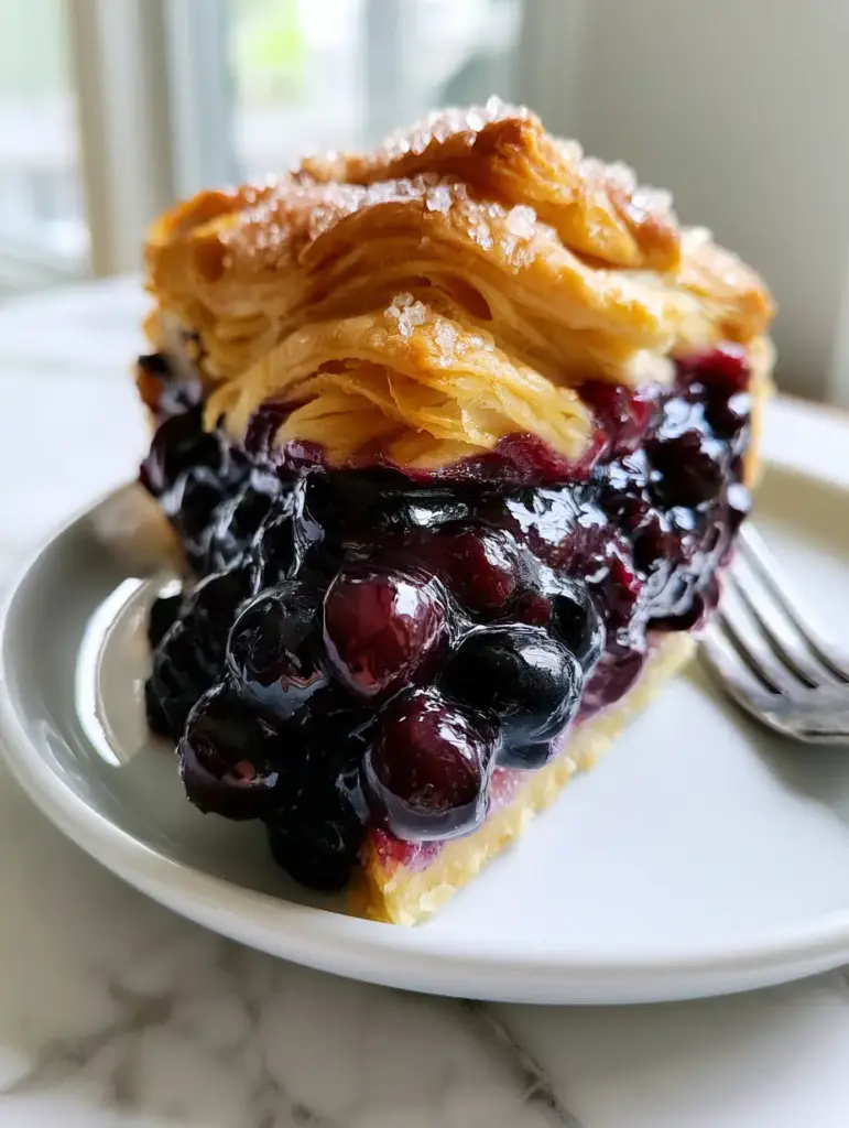 Blueberry Pie with a Flaky Butter Lattice and Thick Indigo Glaze 1 Eye-level shot of a blueberry pie slice on a marble countertop with soft morning sunlight.